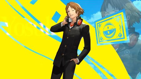 Official art for Yosuke Hanamura in Persona 4 Revival shows a teenager with short brown hair wearing headphones, winking.