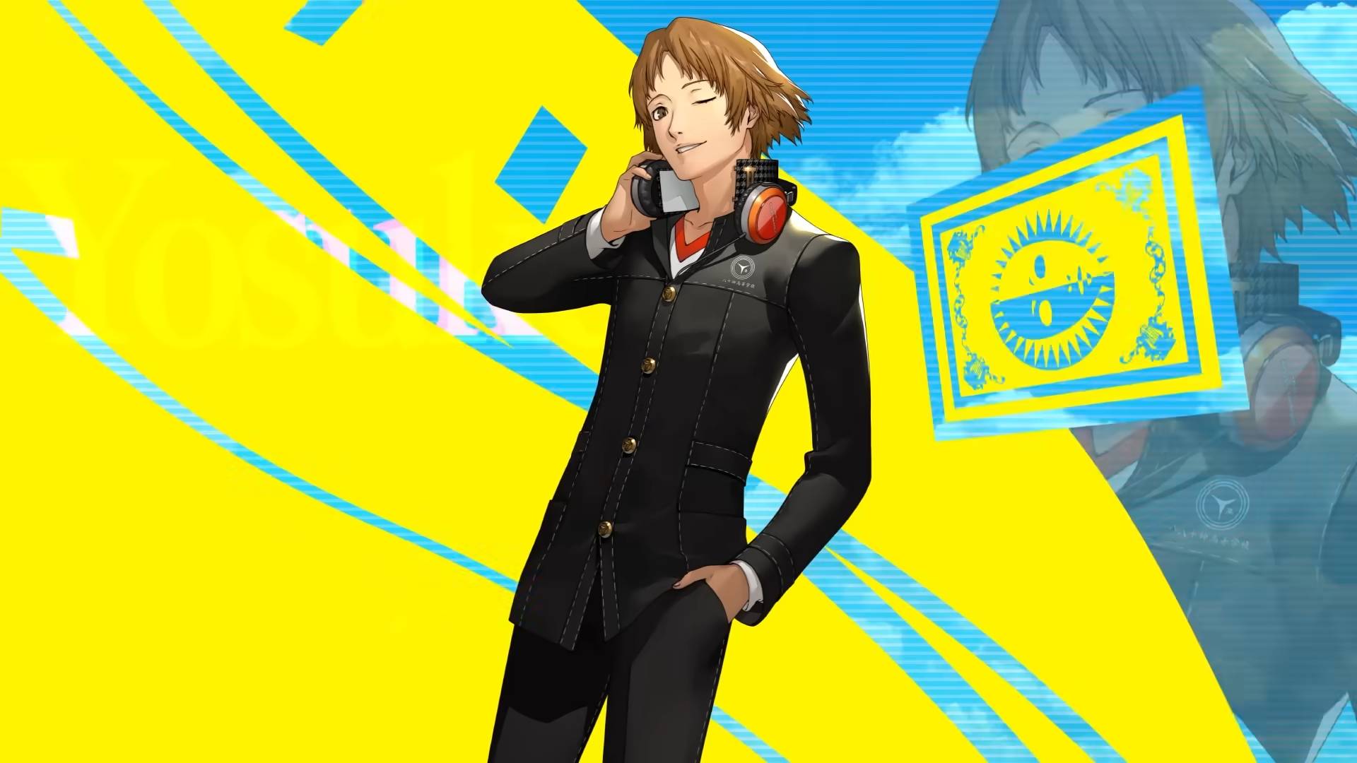 Official art for Yosuke Hanamura in Persona 4 Revival shows a teenager with short brown hair wearing headphones, winking.