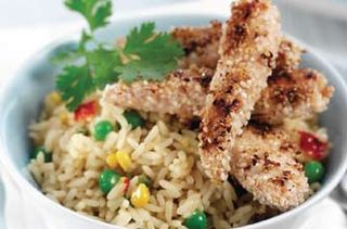 Honey and sesame chicken with vegetable rice