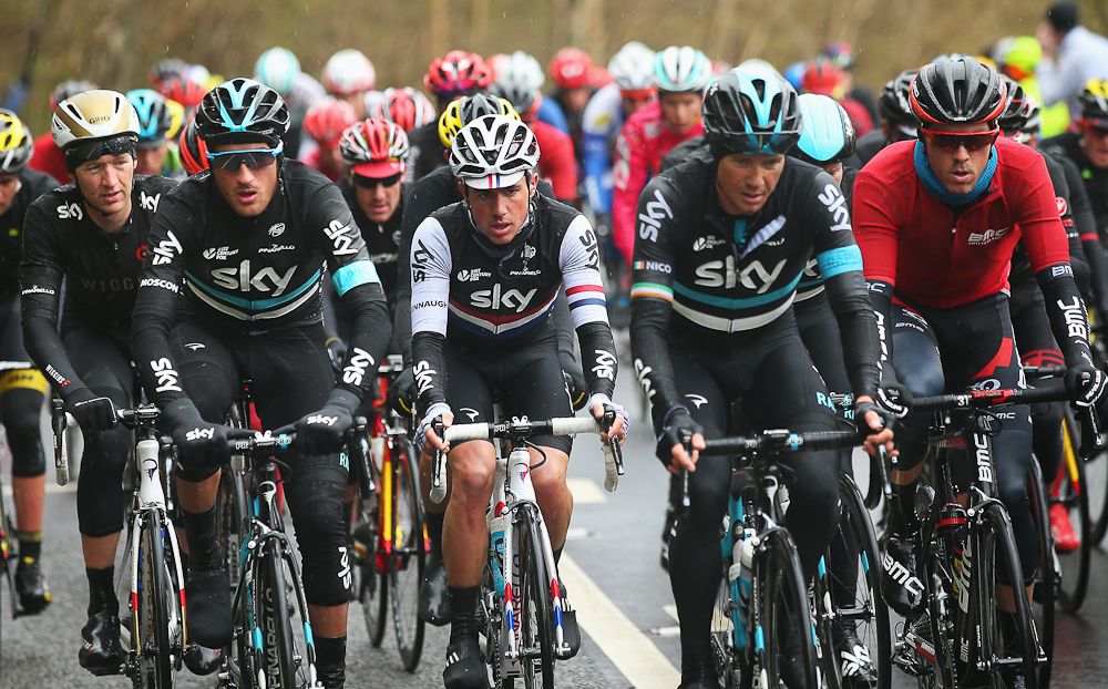 Gianni Moscon (L) of Team Sky and Italy rides with team mates Peter Kennaugh (C) of Great Britain and Nicolas Roche of Ireland during the third stage of the 2016 Tour de Yorkshire