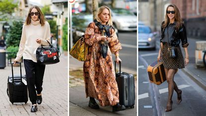 composite of three women demonstrating a capsule wardrobe for travel in street style photographs with suitcases