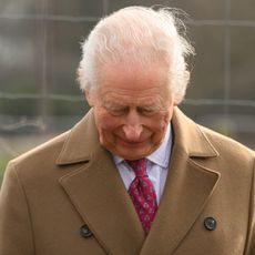 King Charles wearing a tan coat looking down