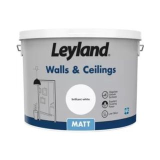 Grey and blue pot of Leyland Pure Brilliant White Matt Emulsion Paint, 10L on a white background