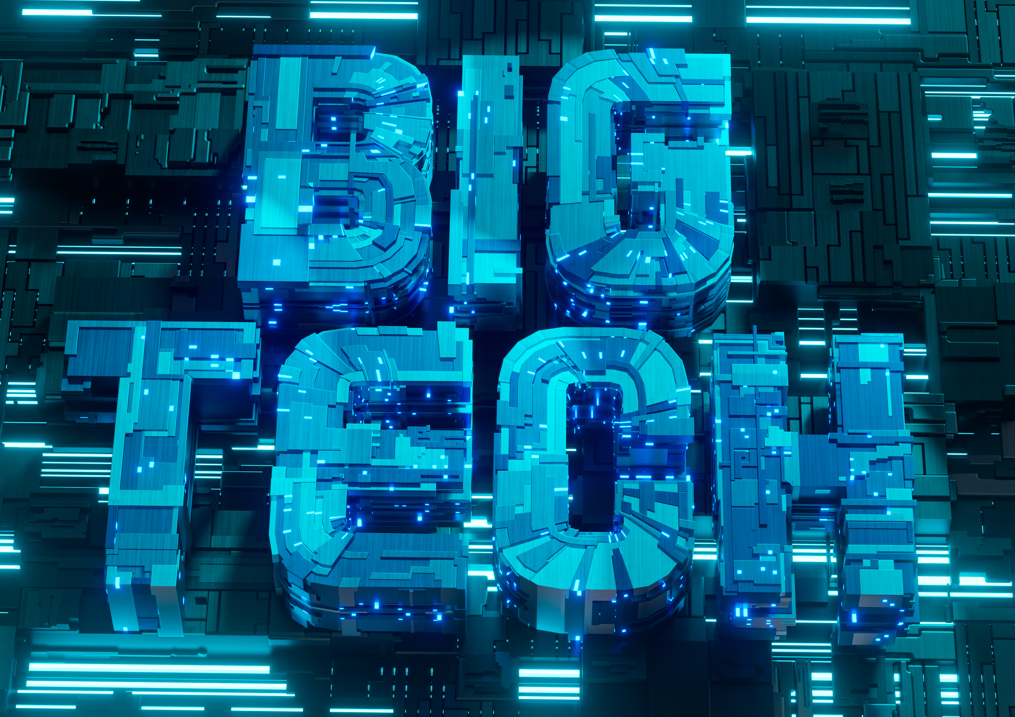 Big Tech Company symbol letter. technology background with blue neon lights. 3D illustration
