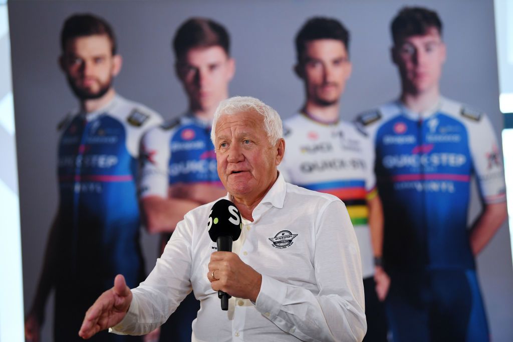 Patrick Lefevere speaks at the QuickStep Alpha Vinyl team launch in 2022 