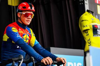 Danish Mads Pedersen of Lidl-Trek is seen at the start of stage six of the 83th edition of the Paris-Nice cycling race, 209,8 km from Saint-Julien-en-Saint-Alban to Berre l'Etang, France, Friday 14 March 2025. BELGA PHOTO DAVID PINTENS (Photo by DAVID PINTENS / BELGA MAG / Belga via AFP)