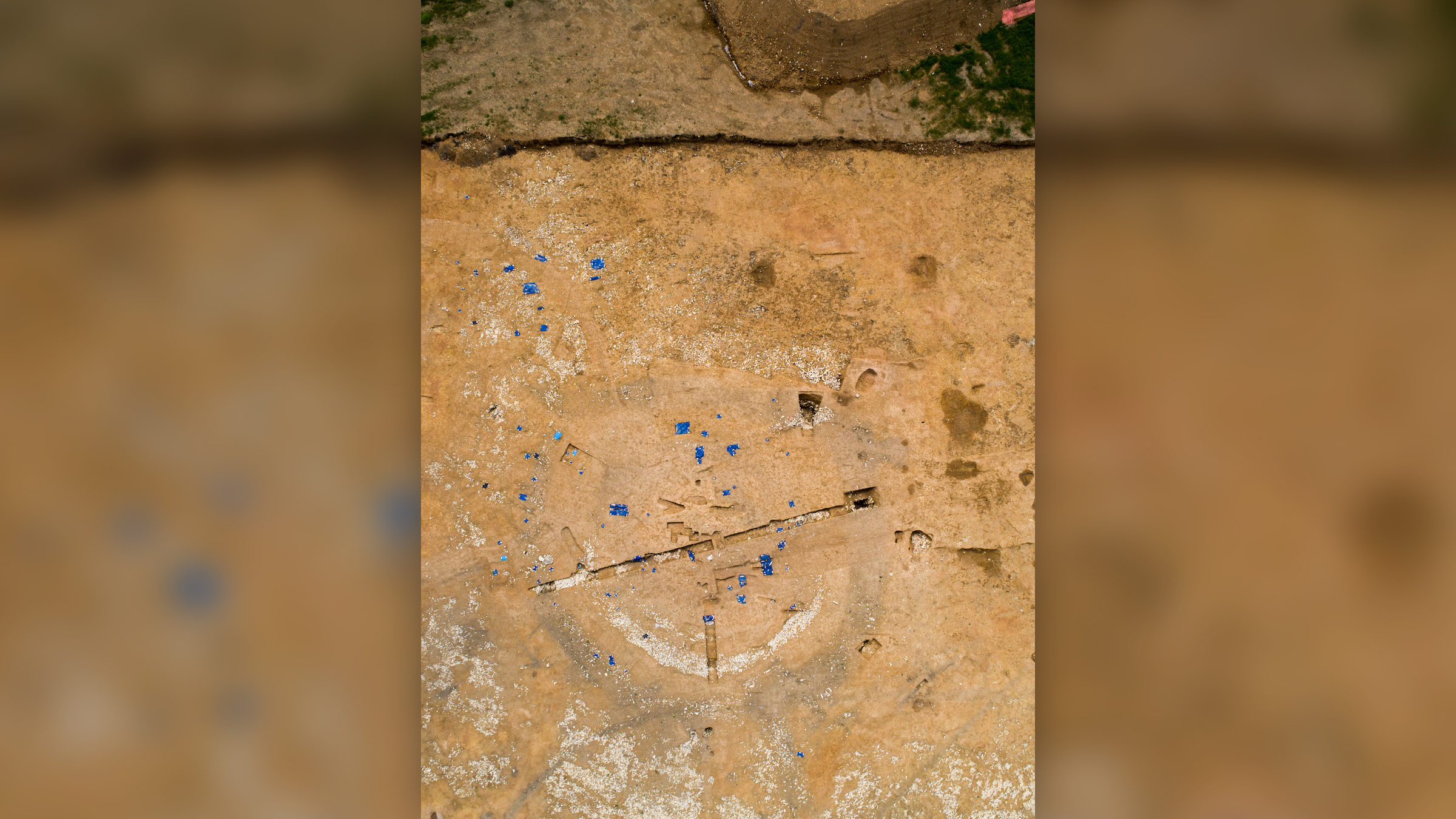 An aerial view of the Bronze Age burial monument that was reused during medieval times.