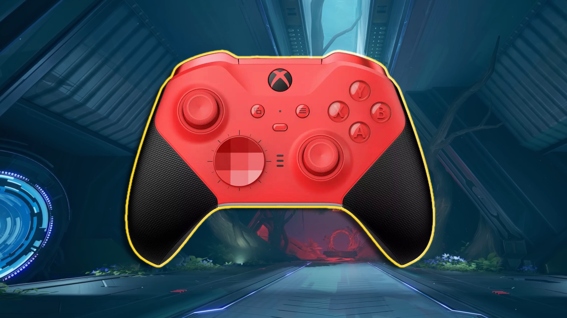 A red xbox Elite Controller against the background of the Arakko map in Marvel Rivals