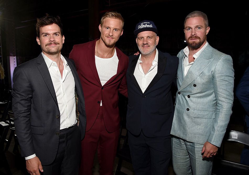 At the Aug. 11 Los Angeles red carpet and premiere event for Starz&rsquo;s Heels (l. to r.): Michael Waldron, Alexander Ludwig, Mike O&rsquo;Malley and Stephen Amell.
