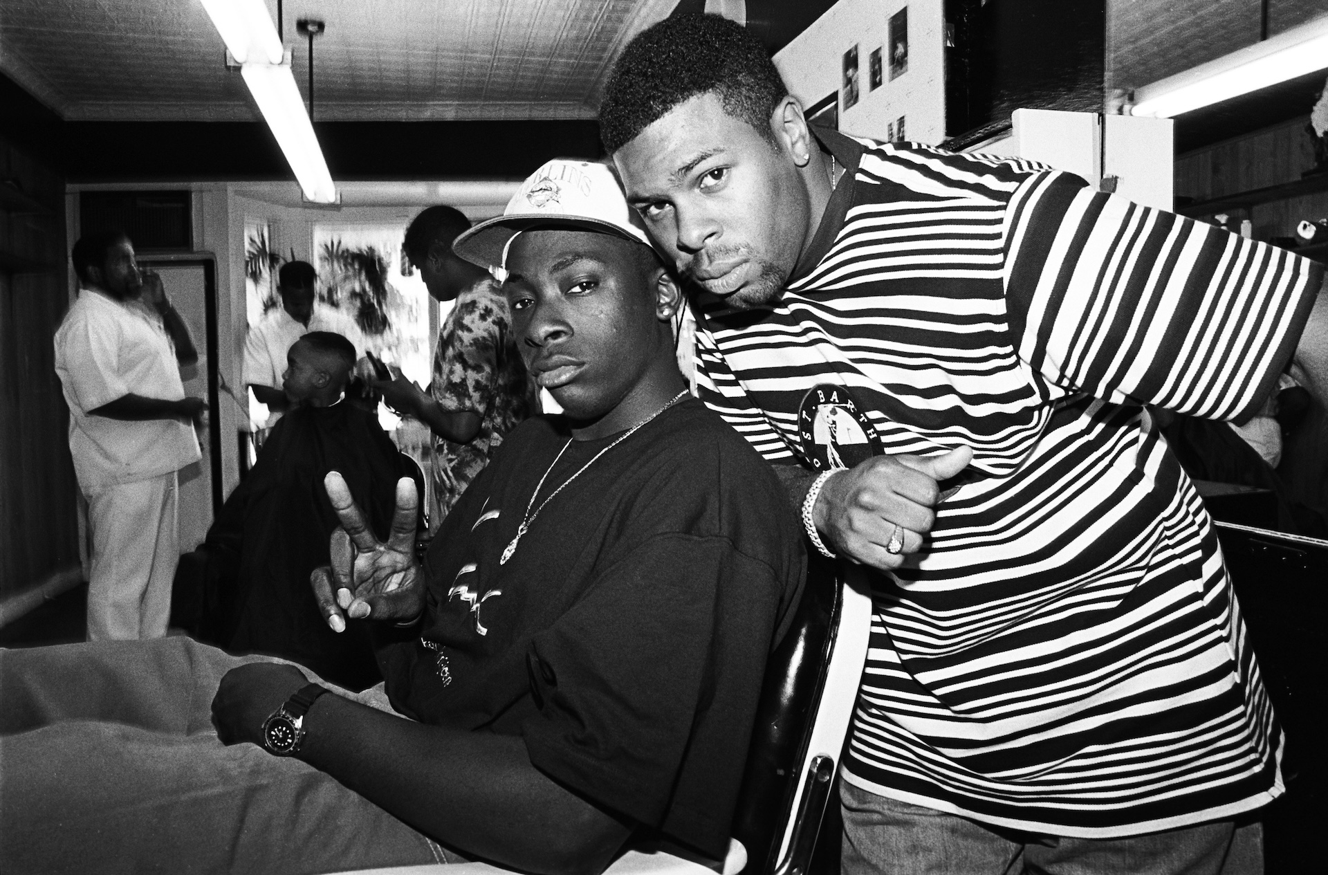 American rappers Pete Rock and C.L. Smooth pose for a portrait in July 1992 at a barber shop in Mount Vernon, New York. Pete Rock (born Peter Phillips) on left, C.L. Smooth (born Corey Penn) on right.