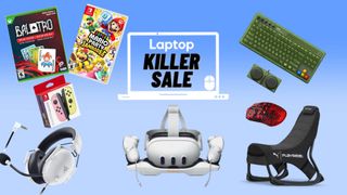 Balatro for Xbox , pastel pink and yellow Nintendo Switch Joy Cons, Razer Blackshark V2 X gaming headset, Meta Quest 3| 3S charging dock, green Xbox Edtion 8Bitdo 87 Mechanical Keyboard, red Steelseries Aerox 3 gaming mouse and, black Playset Puma gaming chair against a blue gradient background.