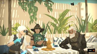 Three arcane military types sit in a brightly-lit, lovingly detailed cafe.