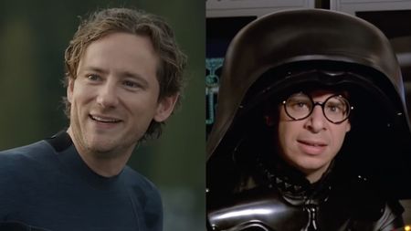 Lewis Pullman in Remarkably Bright Creatures/ Rick Moranis as Dark Helmet in Spaceballs (side by side image)