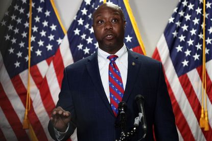 Sen. Tim Scott (R-SC) speaks to members of the media after the weekly Senate Republican Policy Luncheon at Hart Senate Office Building June 23, 2020 on Capitol Hill in Washington, DC.