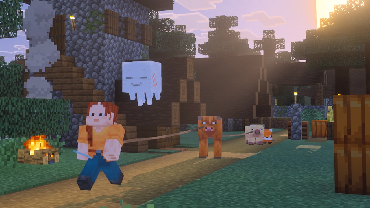 Minecraft screenshot showing player character, happy ghast and farm animals on leashes