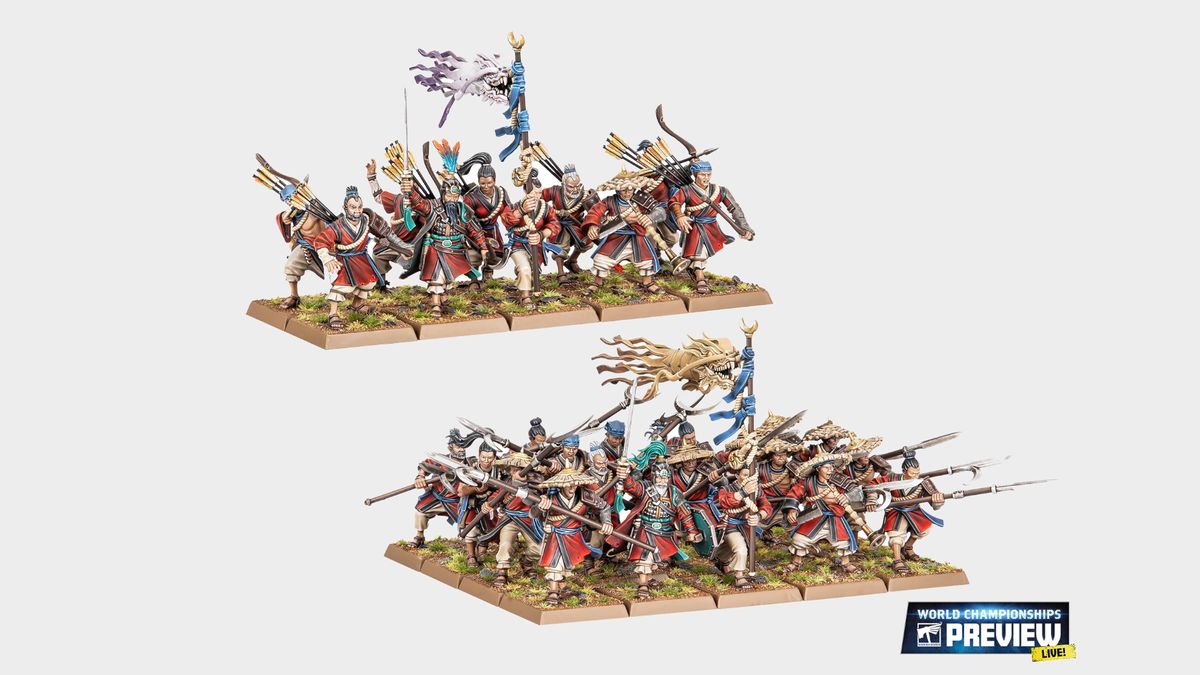 Warhammer The Old World Grand Cathay peasant units on a plain background
