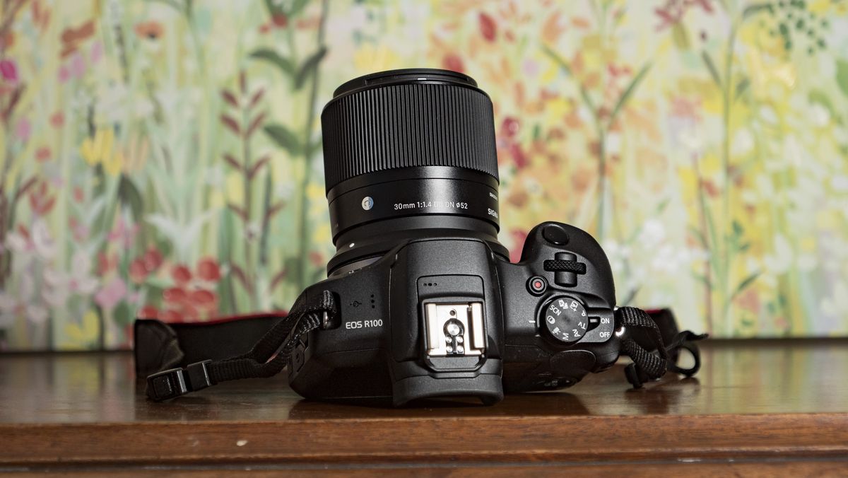Sigma 30mm F1.4 DC DN Contemporary lens attached to a Canon EOS R100, on a wooden surface with floral backrop