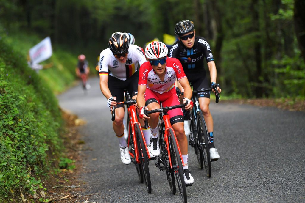SAINTVULBAS FRANCE JULY 30 Rmy Rochas of France and Team Cofidis leads The Breakaway during the 33rd Tour de lAin 2021 Stage 2 a 136km stage from Lagnieu to SaintVulbas tourdelain on July 30 2021 in SaintVulbas France Photo by Luc ClaessenGetty Images