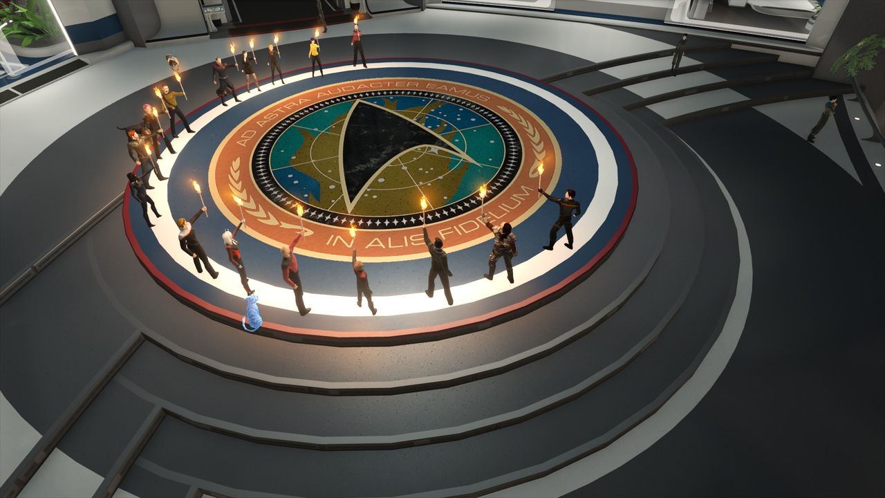 An overhead shot of a Spacedock memorial for Patrick Stewart in Star Trek Online.