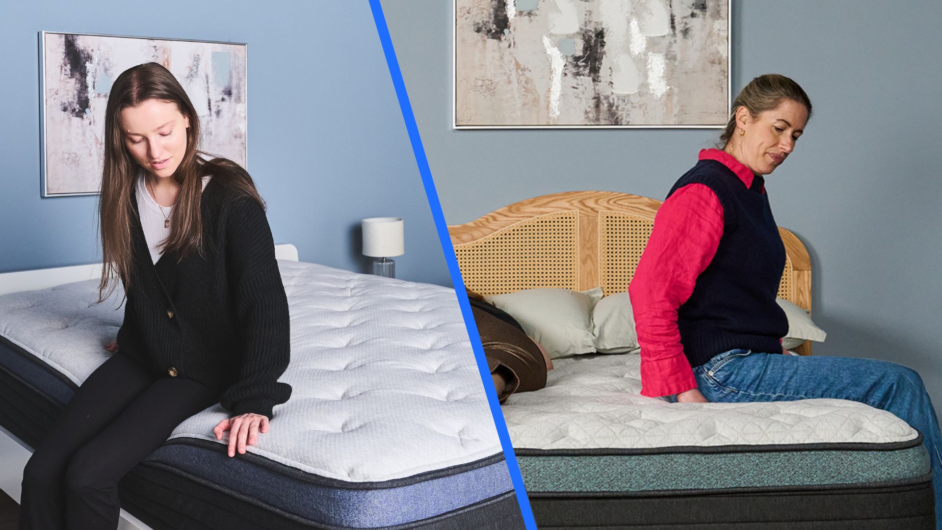 A split screen showing an image of woman sitting on the Helix Midnight Luxe Mattress (L) and an image of another woman sitting on the Sunset Luxe Mattress.