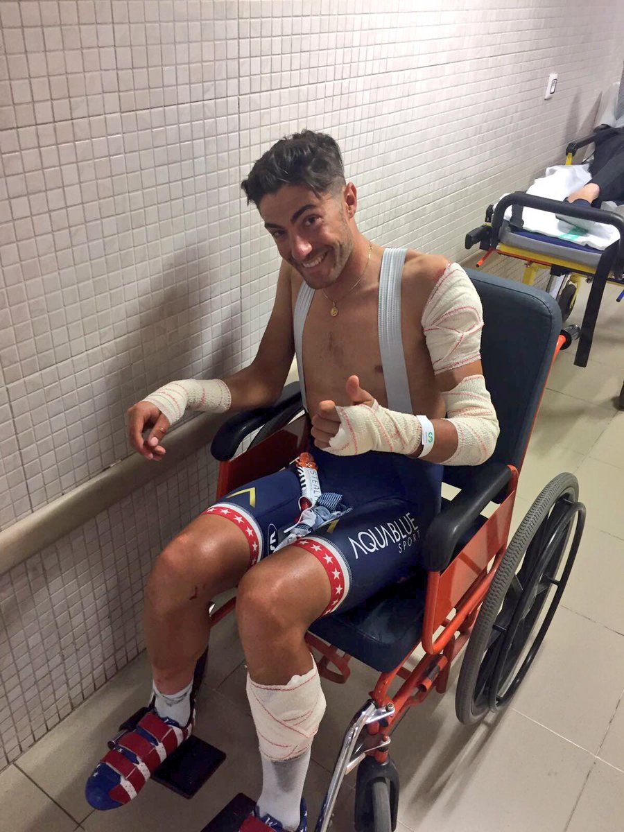 Larry Warbasse gives the thumbs up from the hospital after crashing during stage 7 at the Vuelta