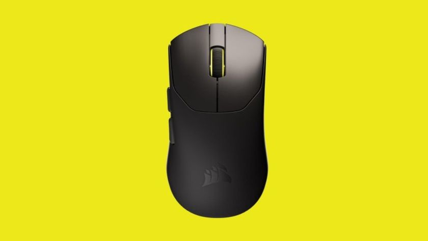 Corsair Sabre V2 Pro gaming mouse on a yellow background