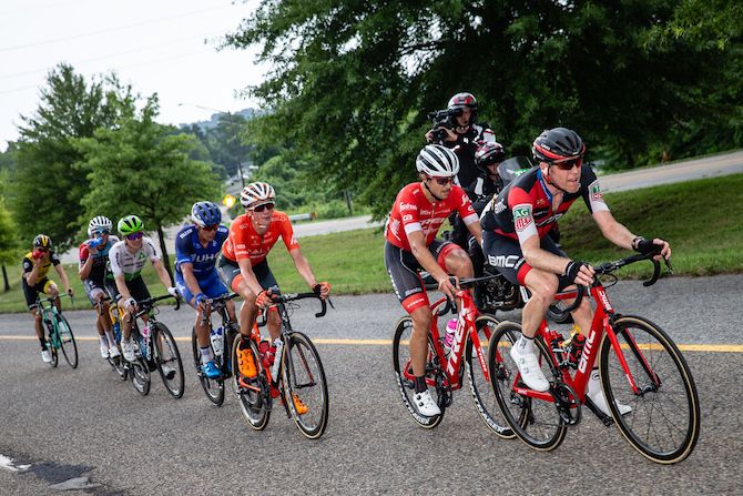 Brent Brookwalter (BMC) leads the chase group back into town during the US Pro Road Race National Championships on June 24, 2018 in Knoxville, Tennessee