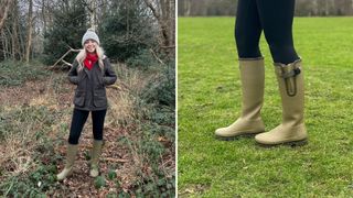 Caroline Parr wearing Le Chameau in two images