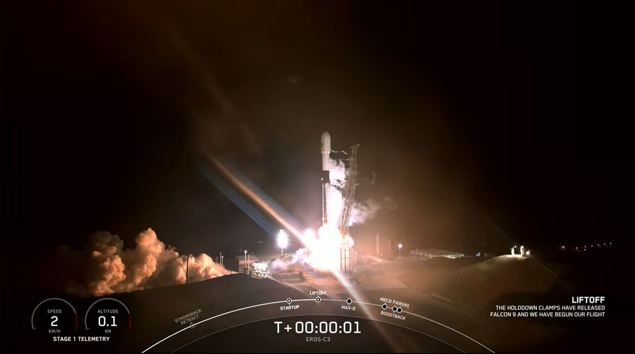 A SpaceX Falcon 9 rocket carrying the Israeli EROS C-3 imaging satellite launches from Vandenberg Space Force Base in California on Dec. 29, 2022.