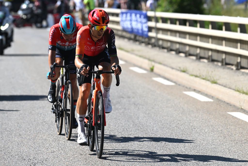 BARCELONNETTE FRANCE JULY 18 LR Victor Campenaerts of Belgium and Team Lotto Dstny and Michal Kwiatkowski of Poland and Team INEOS Grenadiers compete in the breakaway during the 111th Tour de France 2024 Stage 18 a 1795km stage from Gap to Barcelonnette 1134m UCIWT on July 18 2024 in Barcelonnette France Photo by Dario BelingheriGetty Images