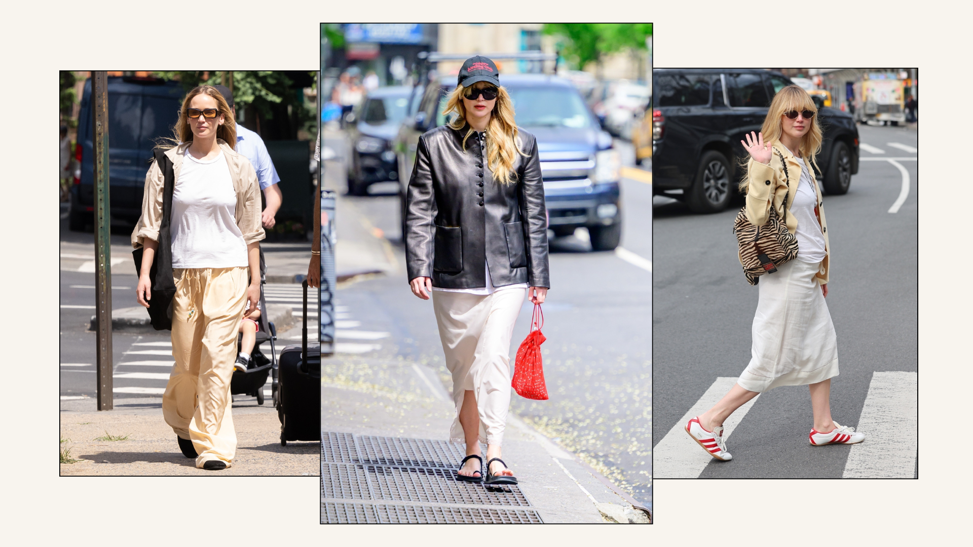 An collage of Jennifer Lawrence's summer capsule wardrobe.