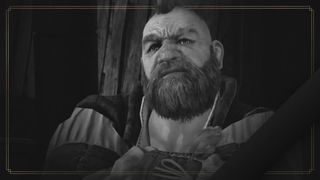 Black-and-white screenshot from The Witcher 3 of Zoltan Chivay with his arms crossed. The dwarf character has a big bushy beard and small spiky mohawk. The edge of the image is outlined by a thin gold frame.