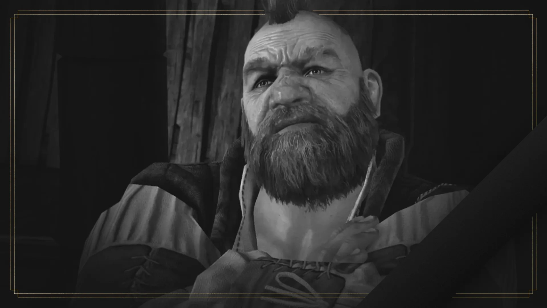 Black-and-white screenshot from The Witcher 3 of Zoltan Chivay with his arms crossed. The dwarf character has a big bushy beard and small spiky mohawk. The edge of the image is outlined by a thin gold frame.