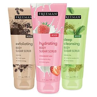 An image of Freeman Strawberry Milk, Green Tea, and Coffee Sugar Body Sugar Scrub, on sale during the Amazon Holiday Beauty Haul sale