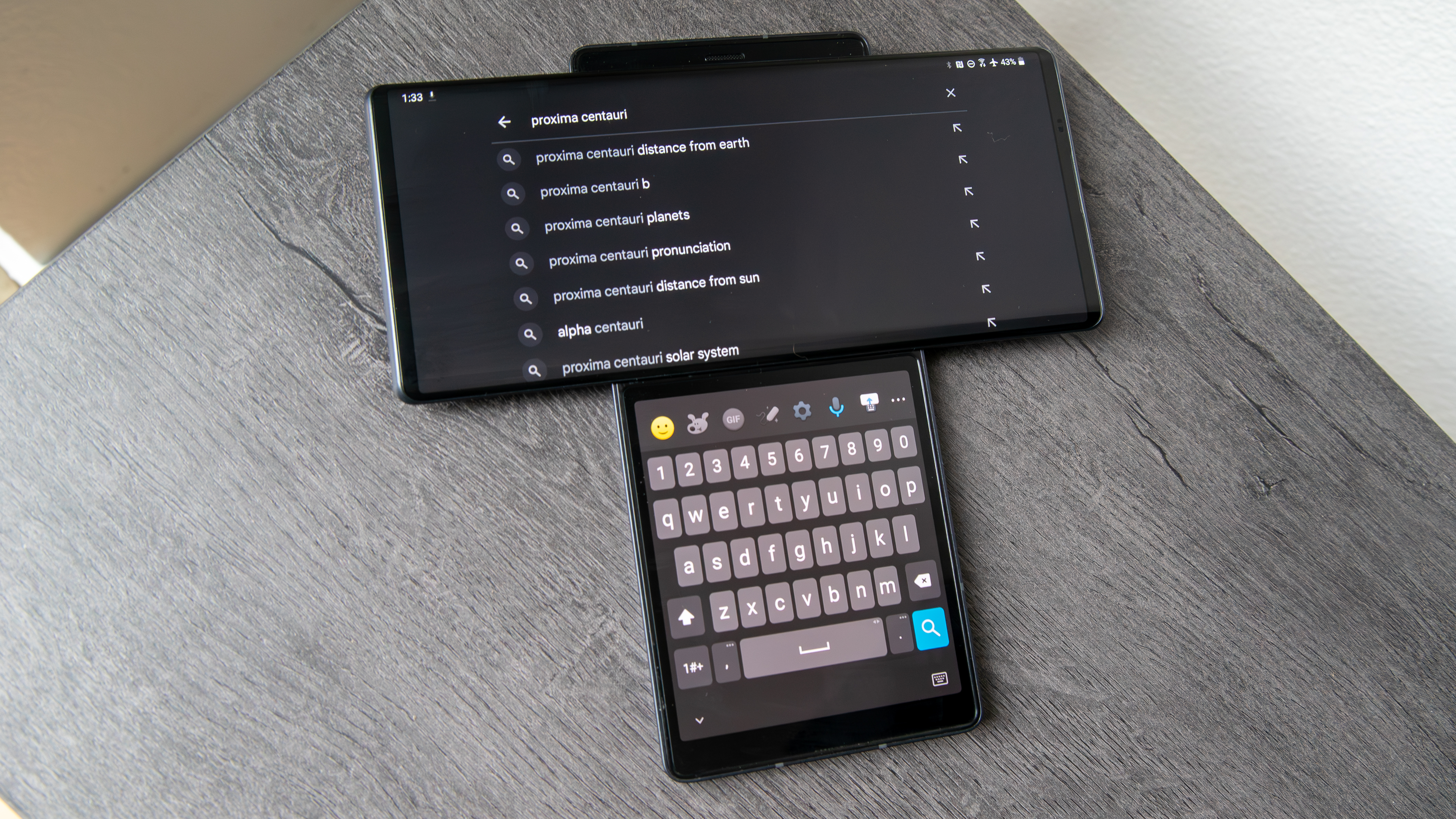 The LG Wing with Google Search on the Swivel screen and the LG keyboard on the Second screen