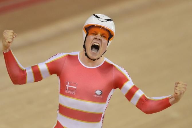 Denmark's Lasse Norman Hansen is ecstatic with his win in the inaugural omnium event at the Olympic Games.
