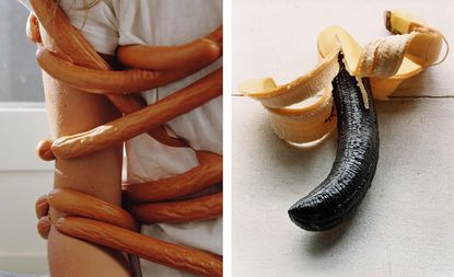 Two images. Left, a string of sausages wrapped around a woman's arm. Right, a peeled black banana.
