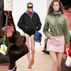 a collage of the one-strap bag trend at Spring 2026 shows from Fendi, Loewe, and Dior
