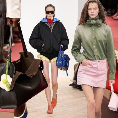 a collage of the one-strap bag trend at Spring 2026 shows from Fendi, Loewe, and Dior