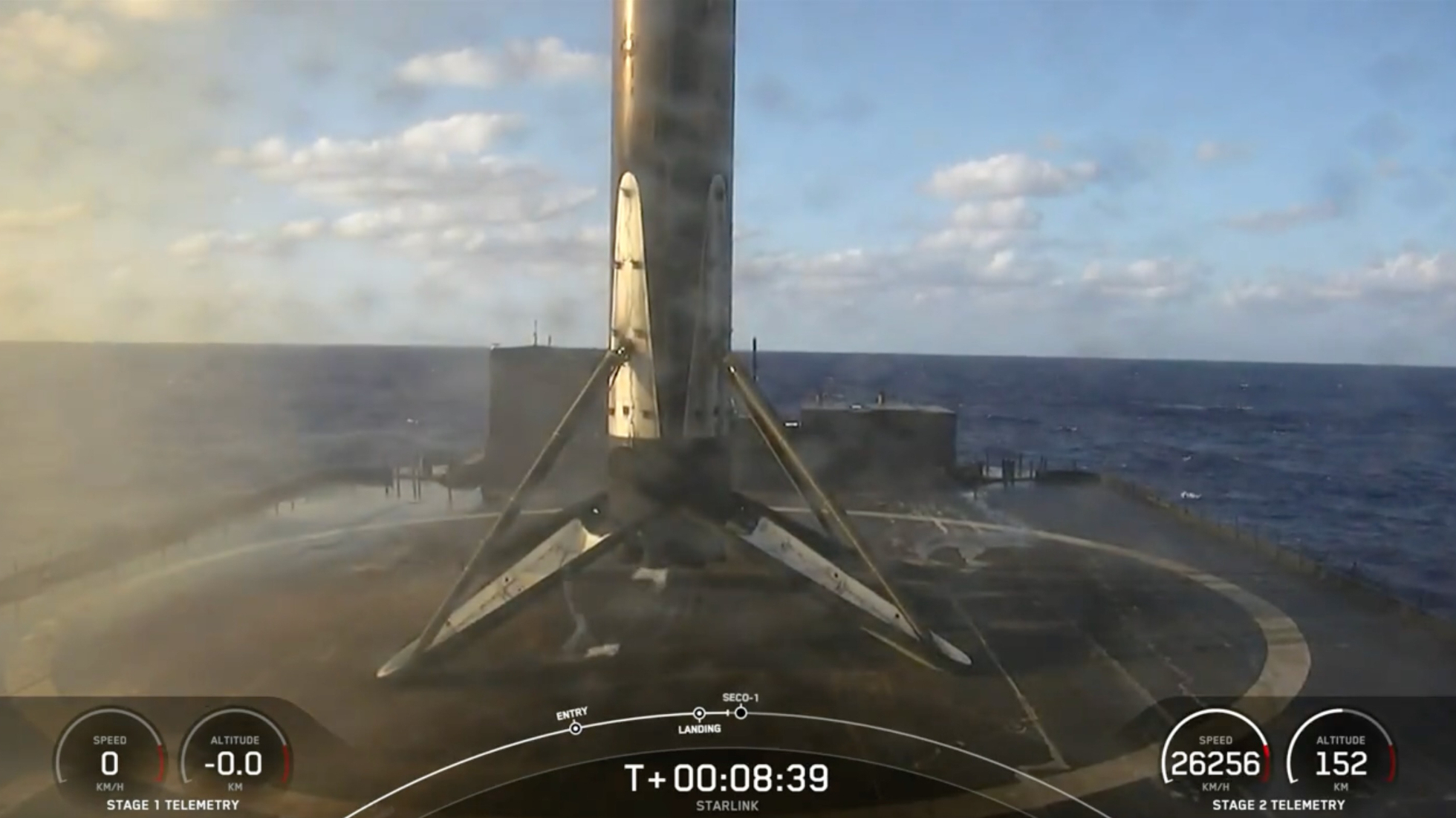Top Stories Tamfitronics A murky and white spacex falcon 9 rocket first stage sits on the deck of a ship at sea.