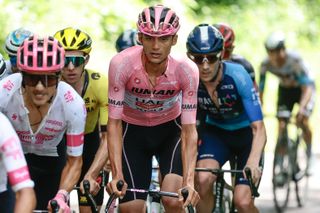UAE Team Emirates XRG's Mexican rider Isaac Del Toro (C) rides during the 16th stage of the 108th Giro d'Italia cycling race of 203kms from Piazzola sul Brenta to San Valentino on May 27, 2025. (Photo by Luca Bettini / AFP)