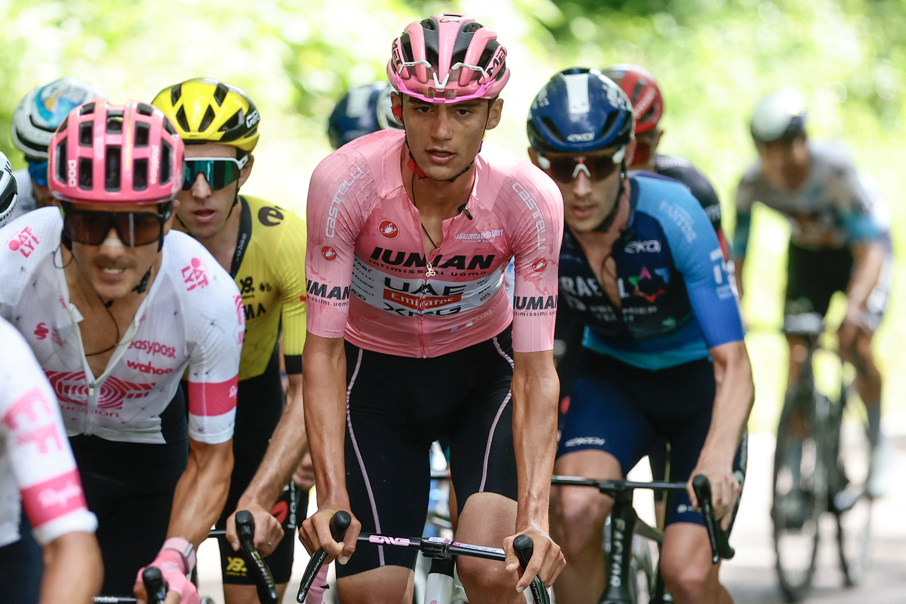 UAE Team Emirates XRG&#039;s Mexican rider Isaac Del Toro (C) rides during the 16th stage of the 108th Giro d&#039;Italia cycling race of 203kms from Piazzola sul Brenta to San Valentino on May 27, 2025. (Photo by Luca Bettini / AFP)