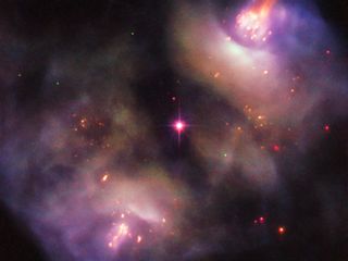 This image, taken by the Hubble Space Telescope, shows the gloomy and colorful scene of a star dying.