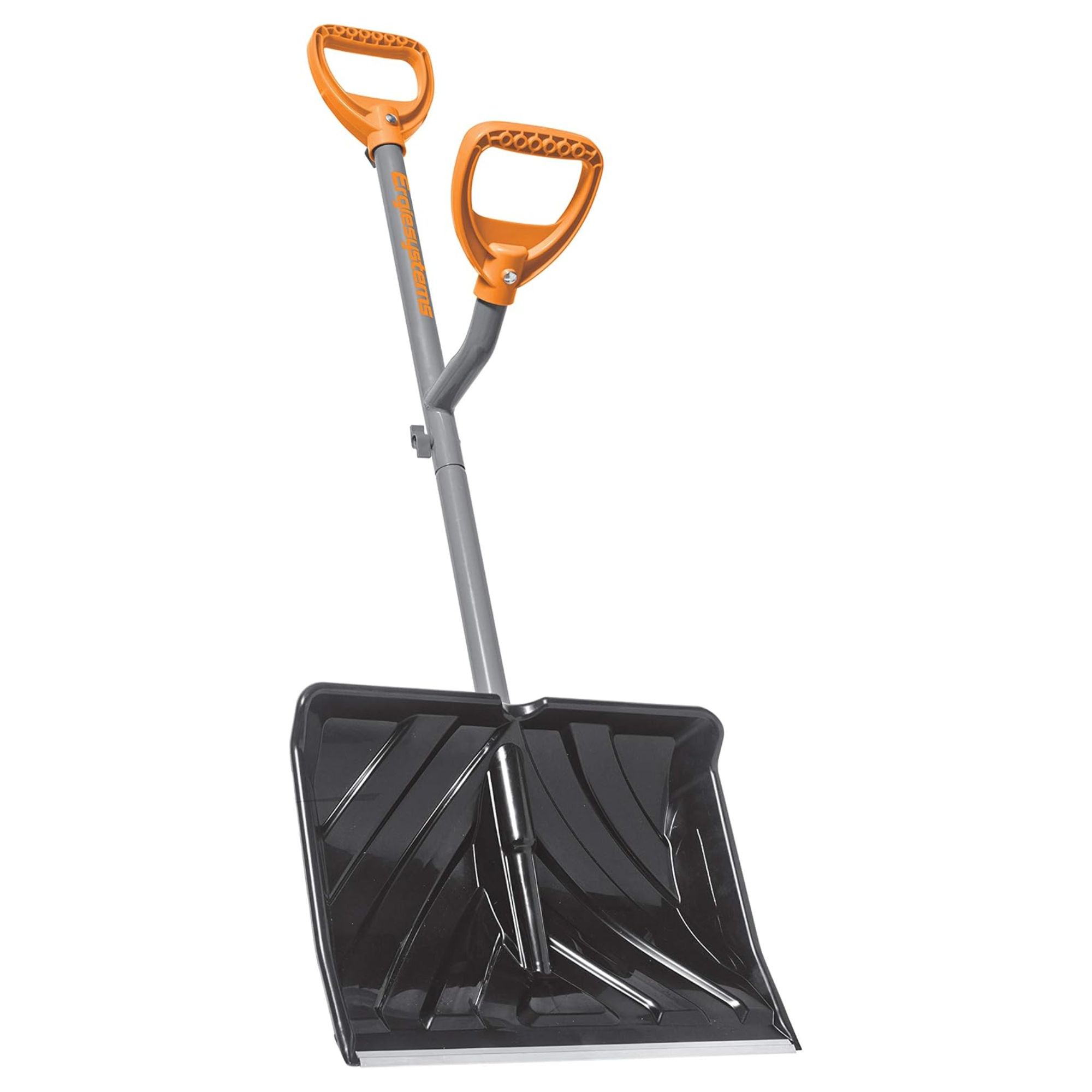 A black snow shovel with orange handles