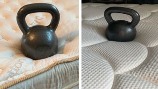 A kettlebell sinks into the surface of the Saatva Classic (left) and the DreamCloud (right)