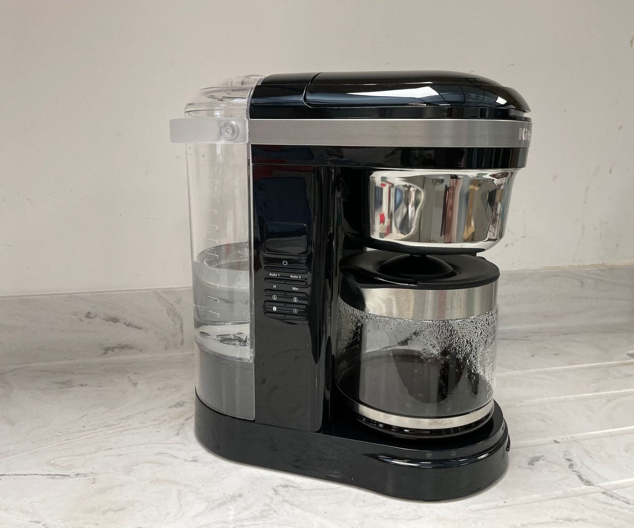 KitchenAid Drip Coffee Maker brewing on the countertop