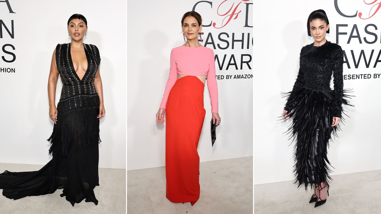 a collage of paloma elsesser, katie holmes, and kylie jenner at the 2024 cfda awards