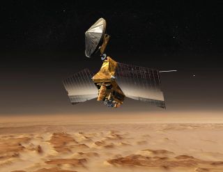 An artist's illustration of NASA's Mars Reconnaissance Orbiter in orbit around the Red Planet.