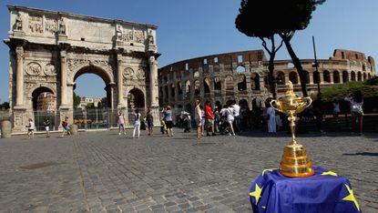 The Ryder Cup trophy in front of the Coliseum in Rome