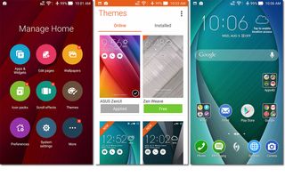 Manage Home screen (left), Themes app (center), alternate Zen theme applied (right)